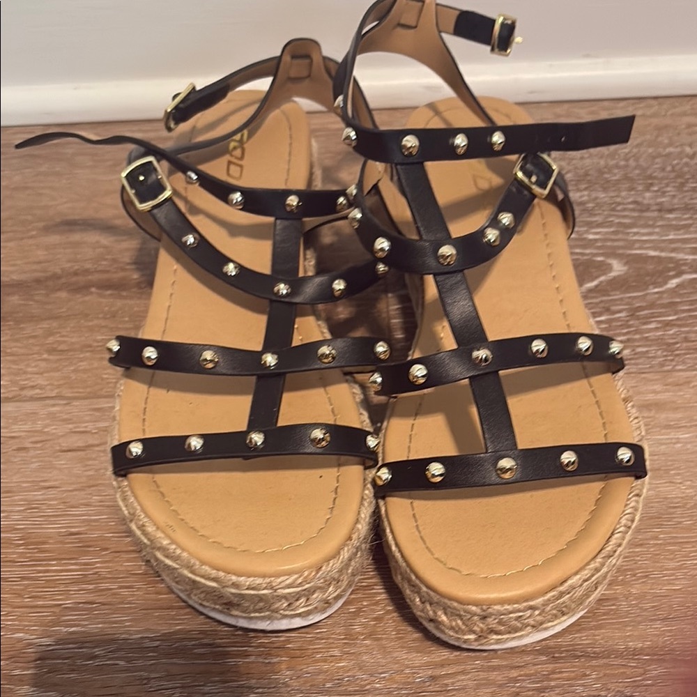 Soda Black and Tan Gladiator Sandals with Studded Straps